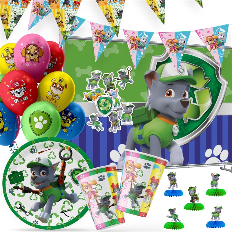 New Paw Patrol Rocky Theme Birthday Party Supplies Disposable Dogs Tableware Paper Plate Balloon Kid Boy - Paw Patrol Plush