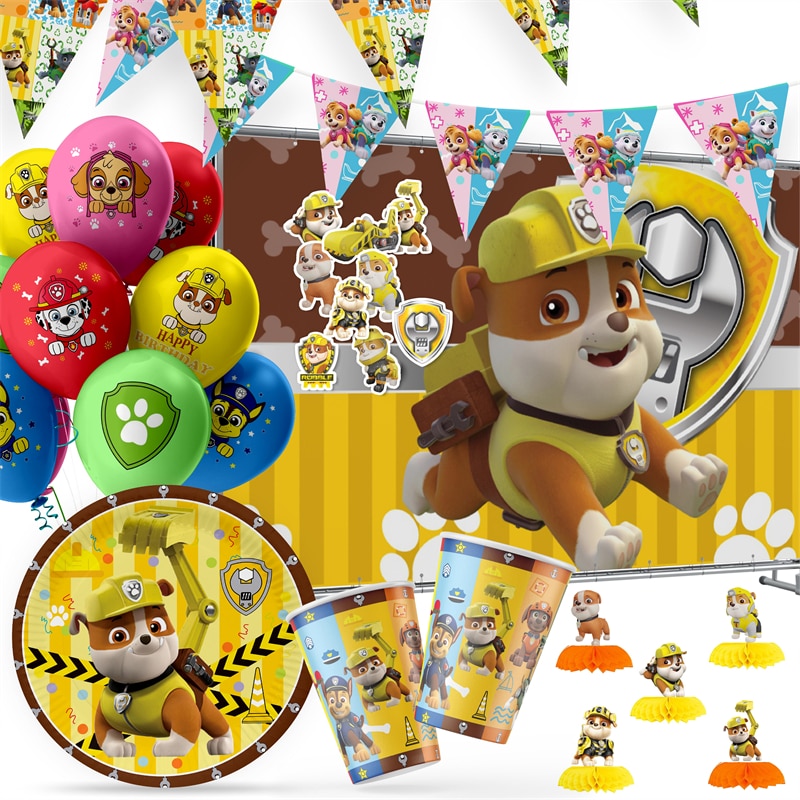 New Paw Patrol Rubble Theme Birthday Party Supplies Decorations Cartoon Balloons Disposable Tableware Plates Cup Boy - Paw Patrol Plush